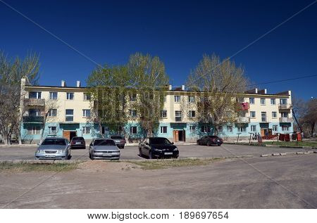 Typical residenial buildigs of 1960-th.Former Soviet anti-ballistic missile testing range Sary Shagan.Adress at Soviet time - Priozersk,st. Soviet 2.May 11, 2017.Priozersk.Kazakhstan