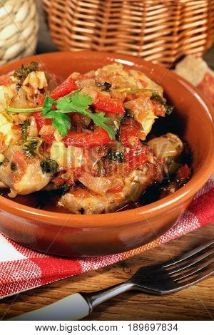 Hot a dish of ethnic cuisine of Georgia prepared from chicken meat : Chahochbilli