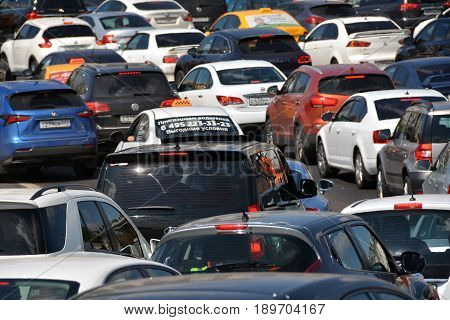 Russia, Moscow, Mary 23, 2017. Traffic jam on street