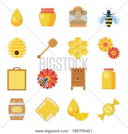 Honey icon set, raising bees product and harvesting objects, organic healthy apiculture elements. Vector flat style cartoon illustration isolated on white background