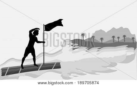 Man on a wooden raft approaching the island. Black silhouette of a boy with flag and gray island with mountains and palm trees
