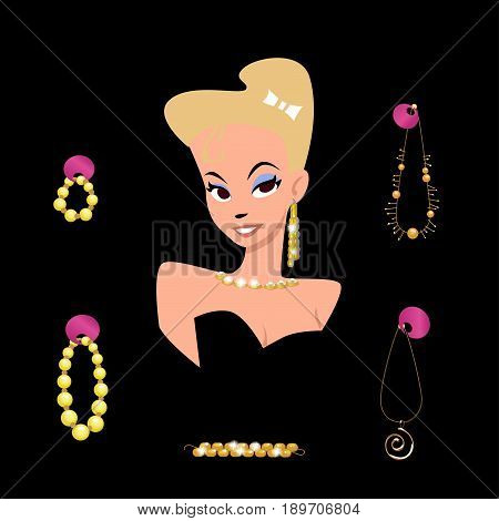 Portrait of a cartoon girl surrounded by jewelry on a black background