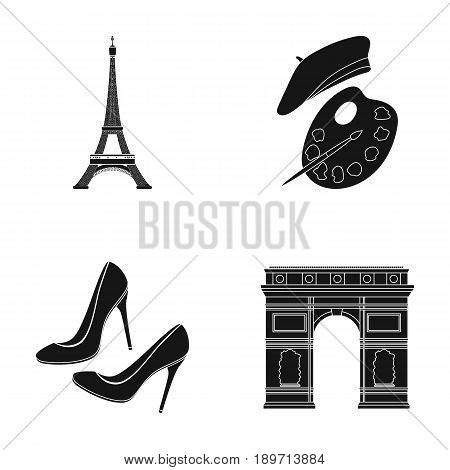 Eiffel tower, brush, hat .France country set collection icons in black style vector symbol stock illustration .