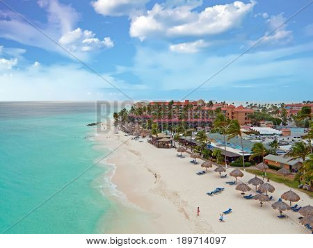 Aerial from Druif beach on Aruba island in the Caribbean at sunset