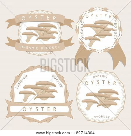 Abstract vector illustration of logo for whole ripe white mushroom oyster cut sliced product on background.Mushroom drawing consisting of tag label rope stem ripe food bow. Eat fresh oyster mushrooms.