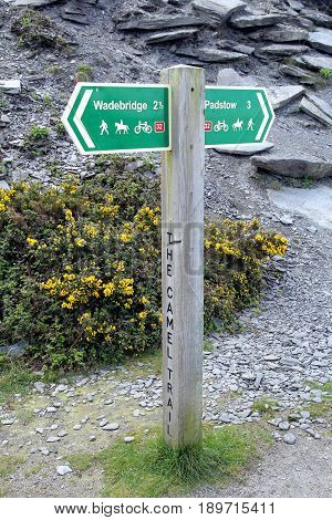 Camel Estuary, Cornwall, Uk - April 4 2017: Sign On The Camel Trail In Cornwall, Showing The Distanc