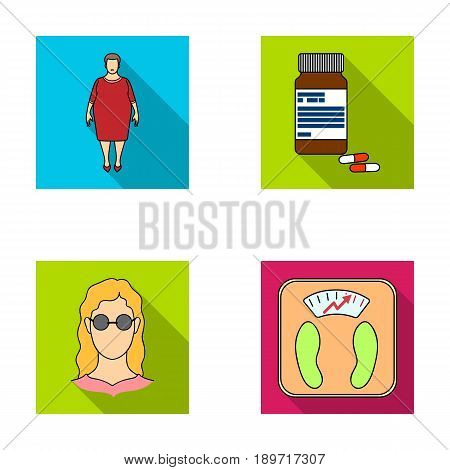 Full woman, a girl with glasses, a scales with exquisite result. Diabeth set collection icons in flat style vector symbol stock illustration .