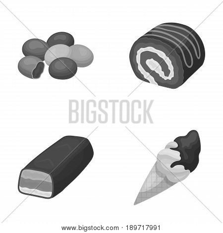 Dragee, roll, chocolate bar, ice cream. Chocolate desserts set collection icons in monochrome style vector symbol stock illustration .
