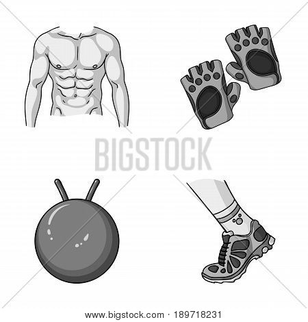 Men s torso, gymnastic gloves, jumping ball, sneakers. Fitnes set collection icons in monochromet style vector symbol stock illustration .