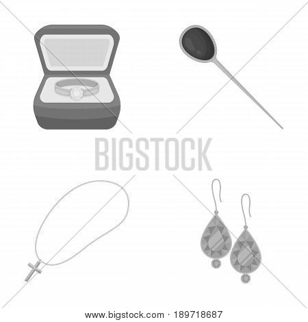 Ring in a case, hair clip, earrings with stones, a cross on a chain. Jewelery and accessories set collection icons in monochrome style vector symbol stock illustration .