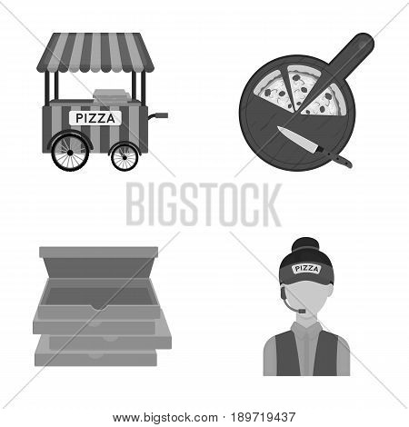 Mobile trailer, cutting board for pizza, boxes, salesman. Pizza and pizzeria set collection icons in cartoon style vector symbol stock illustration .