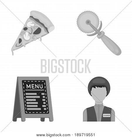 A pizza cutter, a slice, a menu in a pizzeria, a courier. Pizza and pizzeria set collection icons in cartoon style vector symbol stock illustration .