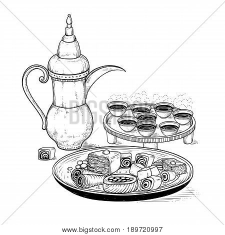 Vector sketch drawing ethnic Arabic cup and copper coffeepot, big plate East sweets. Illustration black and white items of the coffee ceremony. Engraving style