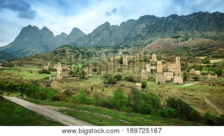 Old ingushetia defence tower in mountain of Caucasus, Russia.