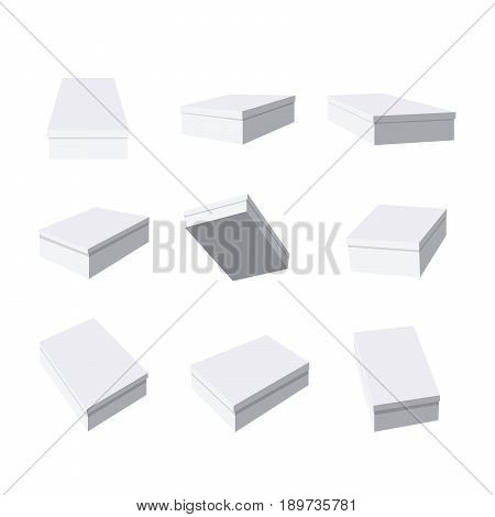 Vector set with white box with top cover drawn in different foreshortening isolated on white background. Collection consists of 9 various perspective angle to the viewer. Monochrome packaging set