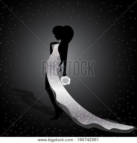 Beautiful silhouette of a girl in shine silwer dress with flower on dark background.