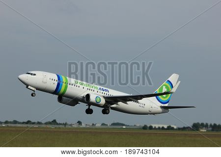 Amsterdam the Netherlands - June 2nd 2017: PH-HSG Transavia Boeing 737-800 taking off from Polderbaan Runway Amsterdam Airport Schiphol