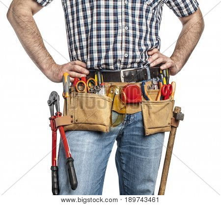 detail of handyman with toolsbelt and tools isolated on white background