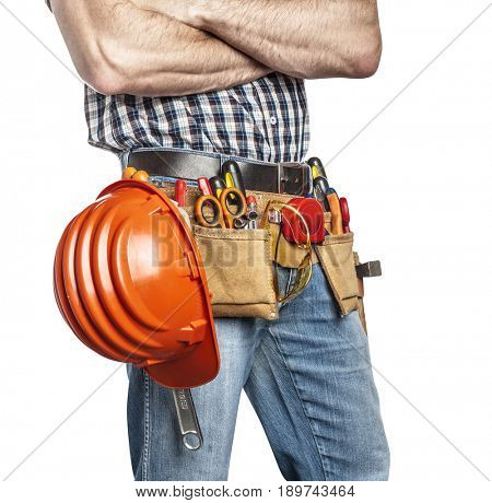 detail of handyman with toolsbelt and tools isolated on white background