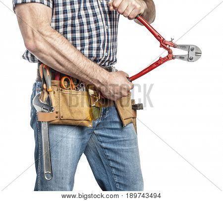detail of handyman with toolsbelt and tools isolated on white background