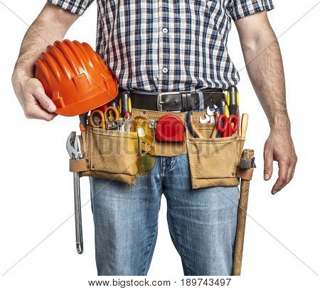 detail of handyman with toolsbelt and tools isolated on white background
