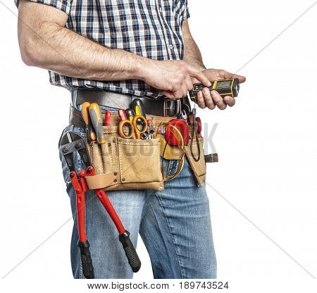 detail of handyman with toolsbelt and tools isolated on white background
