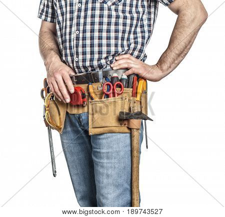 detail of handyman with toolsbelt and tools isolated on white background