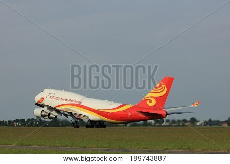 Amsterdam the Netherlands - June 2nd 2017: B-2432 Yangtze River Express Boeing 747 taking off from Polderbaan Runway Amsterdam Airport Schiphol