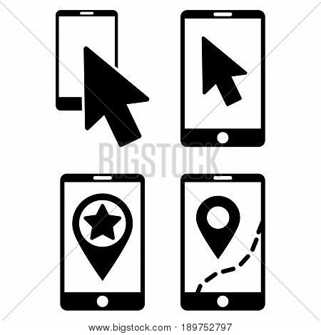 Mobile Phone And Pointer vector icon clipart. Collection style is black flat symbols on a white background.