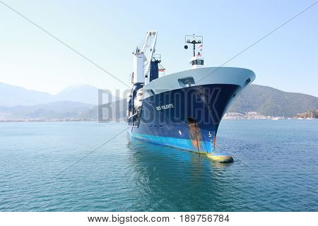 1ST JUNE 2017, FETHIYE, TURKEY : Deo Volente, a boat transporter ship in the bay of fethiye, turkey, 1st june 2017