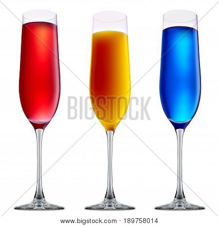 fresh fruit alcohol cocktail or mocktail in champagne glass with blue red and orange beverage isolated on white background