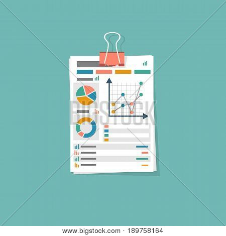 Business document icon. Document with charts and graphs business reports. Vector illustration flat design. Isolated on background. Paperwork concept.