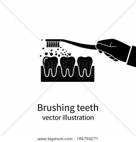 Brushing Teeth black icon silhouette. Toothbrush hold in hand man. Dental care concept. Toothpaste bubbles foam. Oral hygiene pictogram. Vector illustration flat design. Isolated on background.