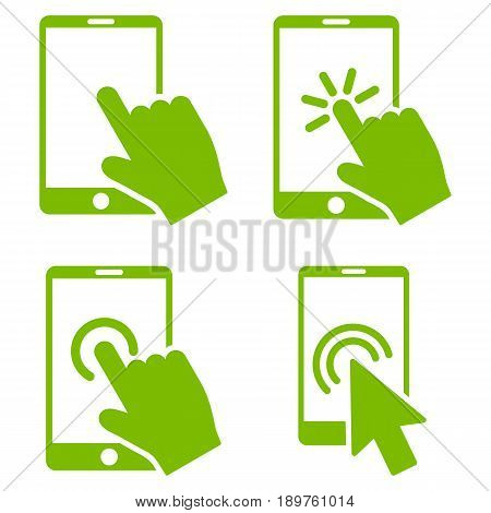 Mobile Phone And Hand Pointer vector icon clip art. Collection style is eco green flat symbols on a white background.