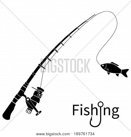 Fishing icon silhouette concept. Rod black pictogram with fish. Template banner for web design and print. Used sticker, emblem, badge. Spinning rods with catch. Vector flat. Isolated white background.