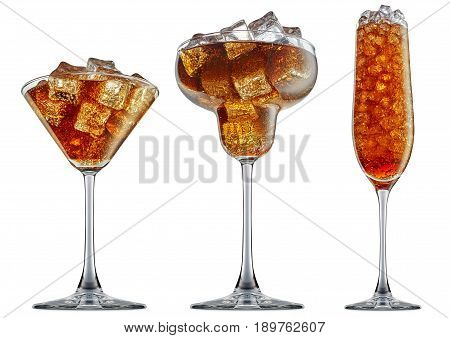 fresh fruit alcohol cocktail or soda mocktail with ice cubes in classic margaritta, martini, champagne glass with cola beverage isolated on white background