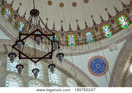 ISTANBUL TURKEY - APRIL 30 2017: Detail of interior of Mihrimah Sultan Mosque in the area Edirnekapi Istanbul's historic center