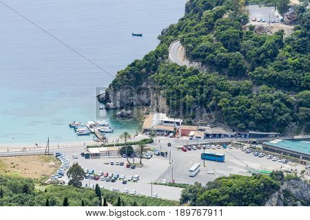 PALEOKASTRITSA, GREECE - MAY 15: Aerial view of Paleokastritsa coast from Bella Vista on May 15, 2017 in Paleokastritsa resort, Corfu island in Greece.