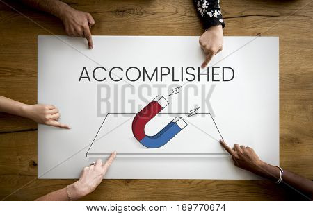 Hands working on network graphic overlay billboard on table