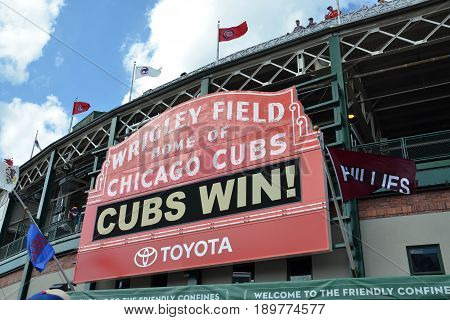 CHICAGO - MAY 29: Sign on Wrigley Field home of the Chicago Cubs is shown here on May 29 2016 after their7-2 win against the Philadelphia Phillies.