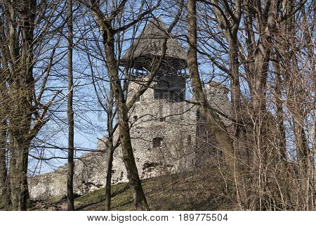 Ruins of Castle Nevytske near of Transcarpathian region center Uzhgorod photo. Nevitsky Castle ruins built in 13th century. Ukraine.