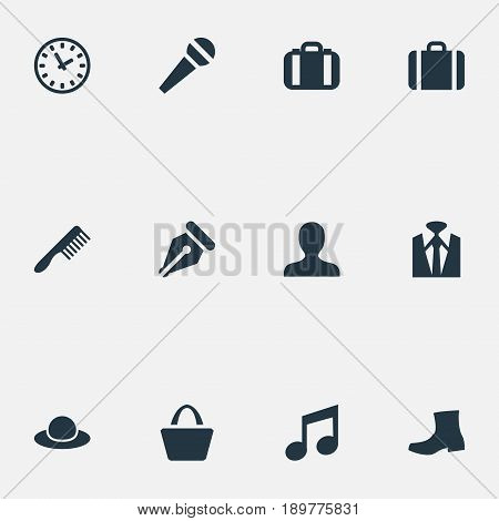 Vector Illustration Set Of Simple Accessories Icons. Elements Person, Music, Tuxedo And Other Synonyms Luggage, Chapeau And Tool.