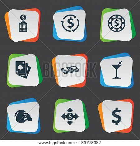 Vector Illustration Set Of Simple Roulette Icons. Elements Vinyl Music, Club House, Dollar Swap And Other Synonyms Cocktail, Dollar And Flow.