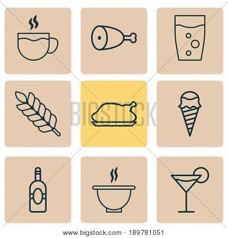 Eating Icons Set. Collection Of Hooch, Tea, Dessert And Other Elements. Also Includes Symbols Such As Cup, Cocktail, Hooch.