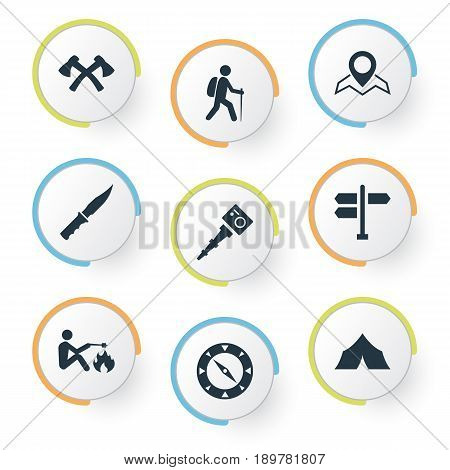 Vector Illustration Set Of Simple Tent Icons. Elements Selfie Stick, Canvas, Picnic And Other Synonyms Portrait, Canvas And Equipment.