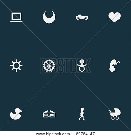 Vector Illustration Set Of Simple Baby Icons. Elements Ferris Wheel, Rudder, Stereo Movie And Other Synonyms Embryo, Movie And Rubber.
