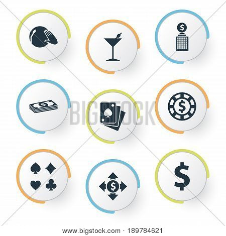 Vector Illustration Set Of Simple Gambling Icons. Elements Drink, Poker, Cash And Other Synonyms Music, Dj And Cocktail.