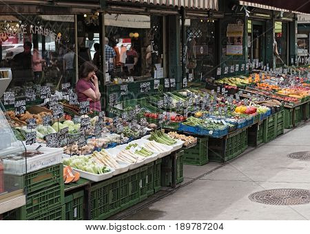 VIENNA, AUSTRIA-JUNE 01, 2017: Fruit and vegetables at the Viennese Naschmarkt