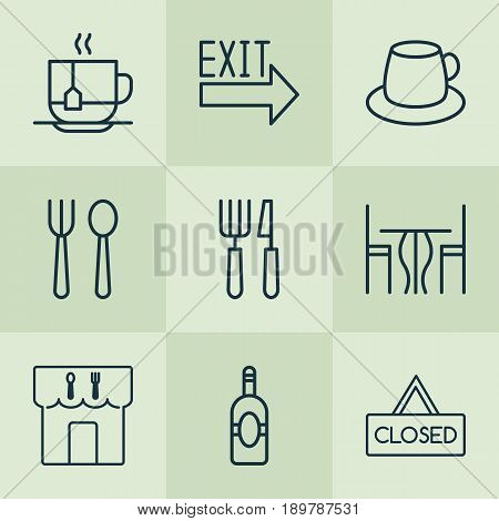 Restaurant Icons Set. Collection Of Doorway, Hot Drink, Hooch And Other Elements. Also Includes Symbols Such As Hot, Hooch, Table.