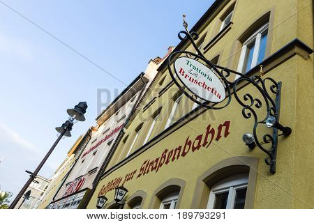SCHWEINFURT GERMANY - APRIL 21 2017: Italian restaurant in the historic part of the city. Schweinfurt - a medieval city founded in 761 year.